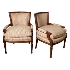 Pair of Walnut Louis XVI Style Continental Upholstered Chars