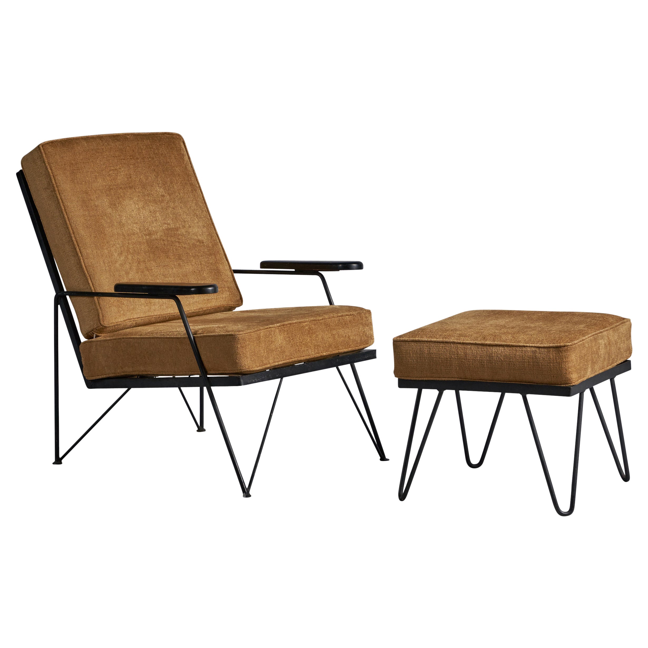 American Designer, Lounge Chair & Ottoman, Metal, Fabric, Wood, USA, 1950s For Sale