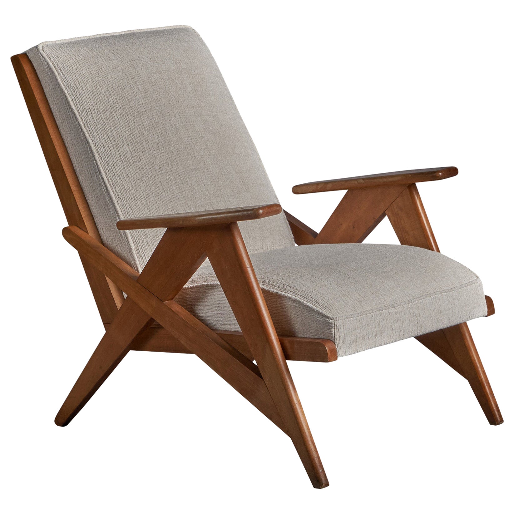 French Designer, Lounge Chair, Oak, Fabric, France, 1950s For Sale