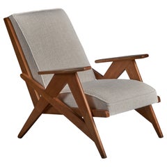 Vintage French Designer, Lounge Chair, Oak, Fabric, France, 1950s