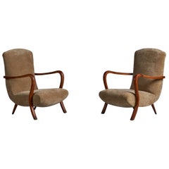 Italian Designer, Lounge Chairs, Oak, Velvet, Italy, 1940s