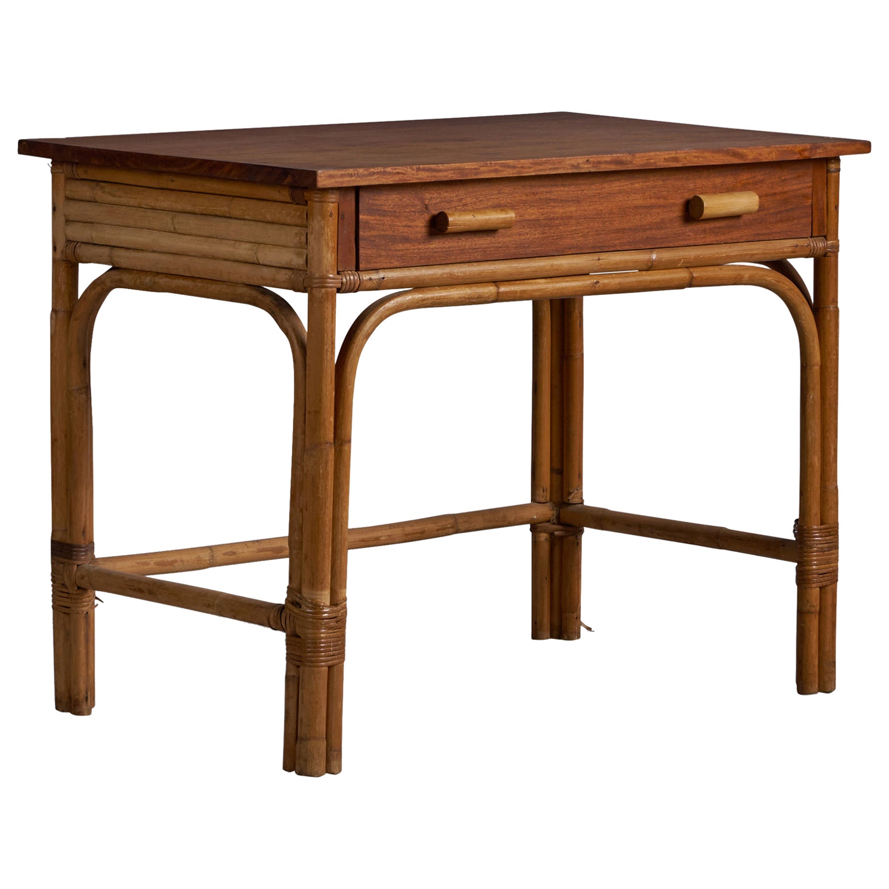 American Designer, Desk, Oak, Bamboo, Rattan, USA, 1950s For Sale