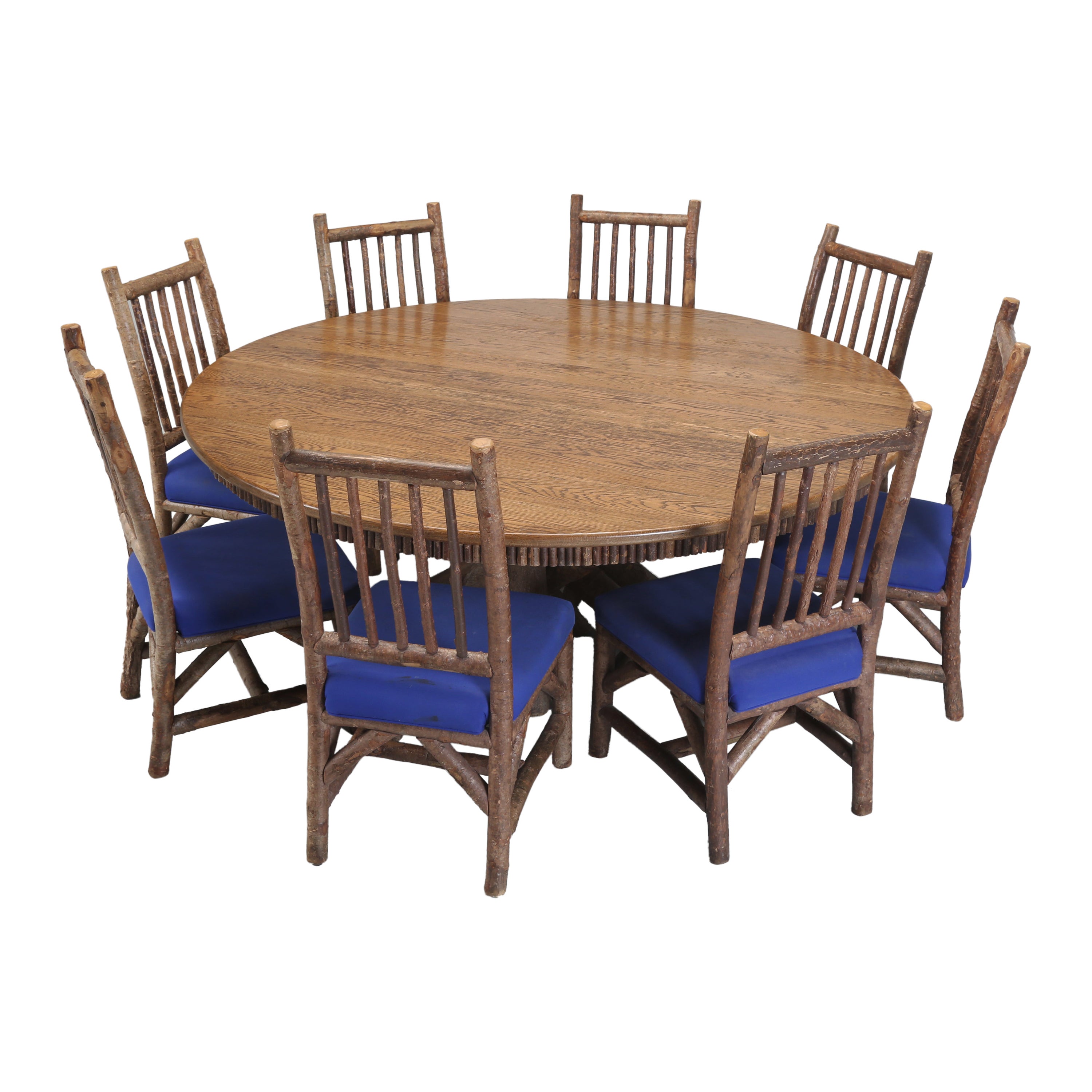Round Rustic Oak Hand-Scraped Dining Table (8) Matching Chairs Made in Wisconsin For Sale
