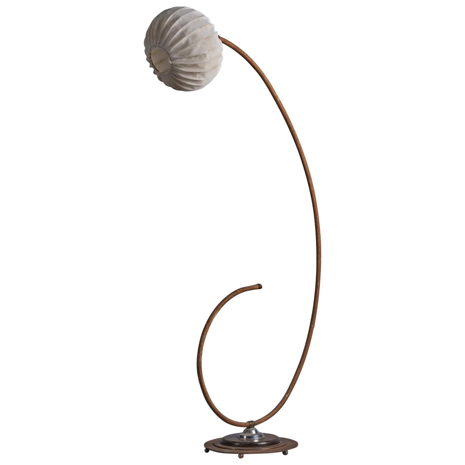 Swedish Designer, Floor Lamp, Cord, Metal, Wood, Fabric, 1930s For Sale