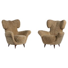 Maurizio Tempestini Attribution, Lounge Chairs, Wood, Shearling, Italy, 1940s