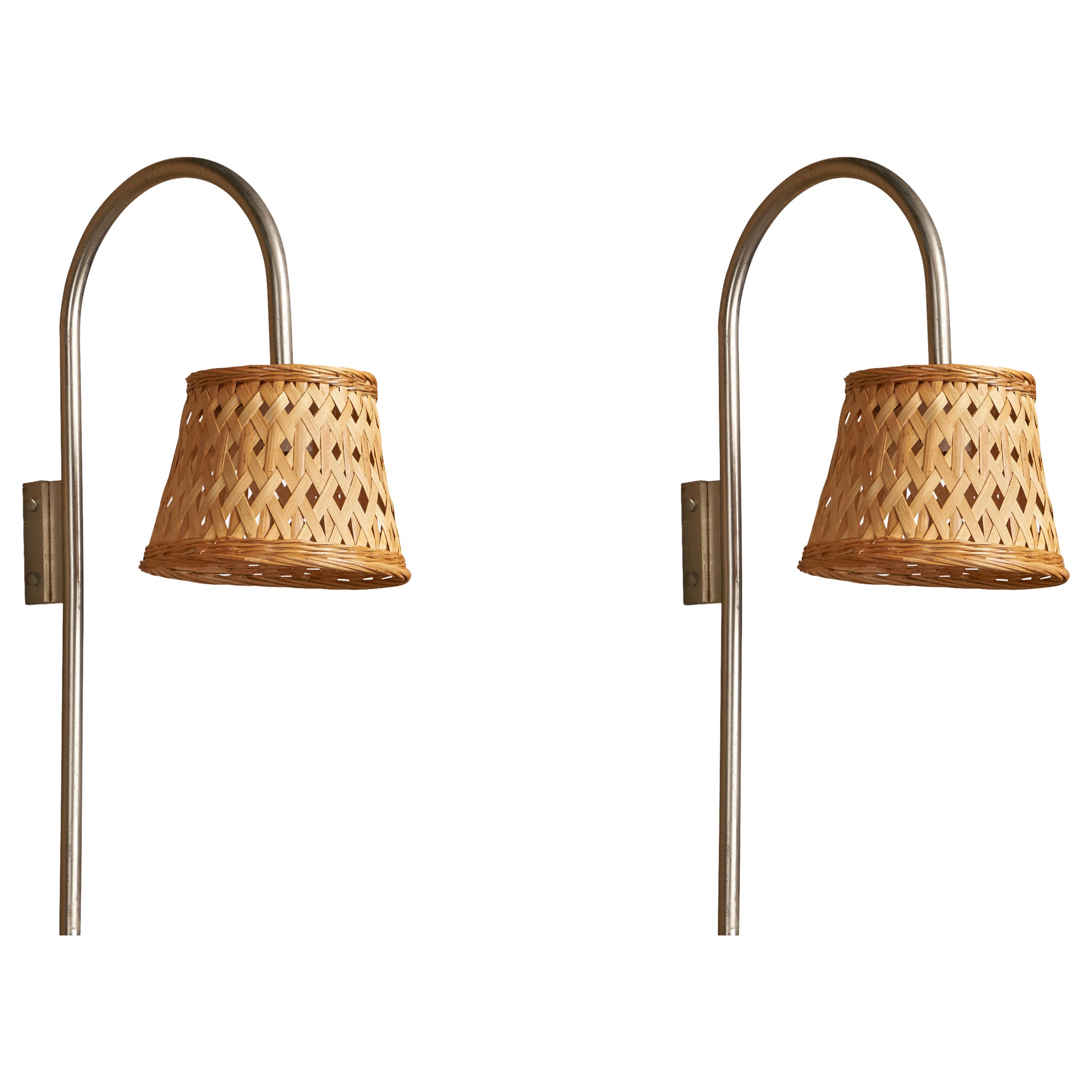 Italian Designer, Wall Lights, Nickel, Rattan, Italy, 1960s For Sale