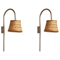 Italienischer Designer, Wandleuchten, Nickel, Rattan, Italien, 1960er Jahre