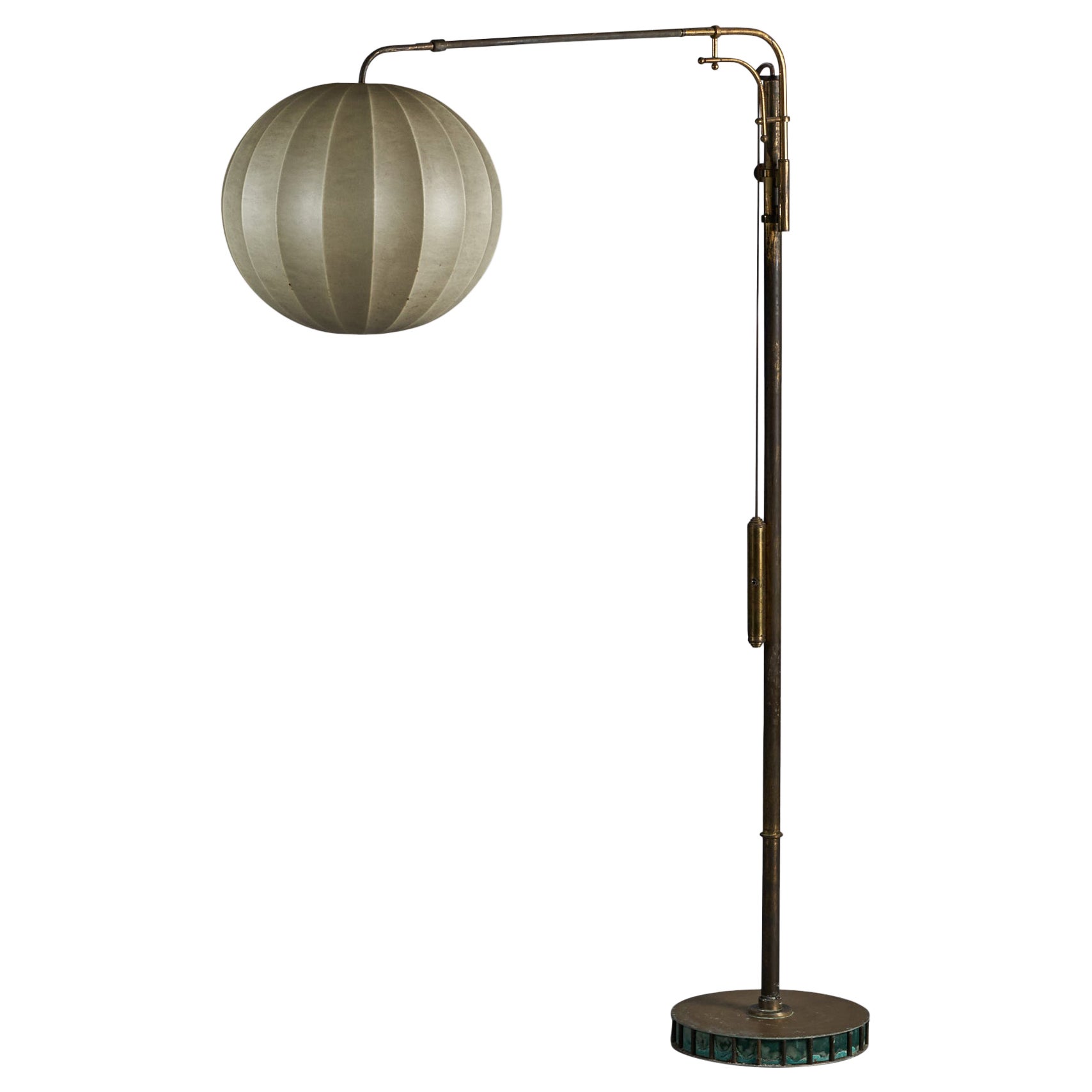Angelo Lelii Attribution, Sizeable Floor Lamp, Brass, Glass, Resin, Italy, 1950s For Sale