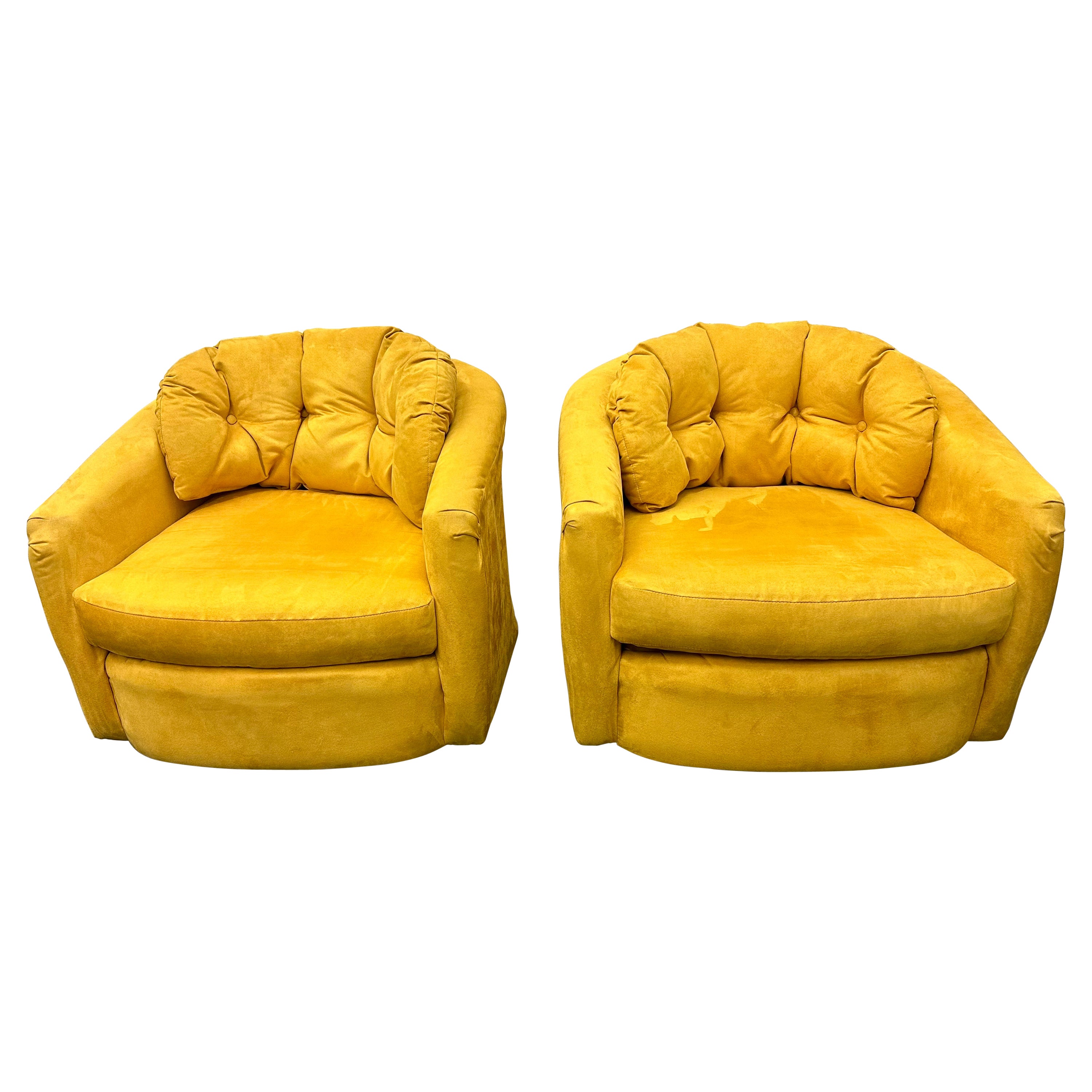 Pair Canary Yellow Suede Swiveling Lounge Chairs For Sale