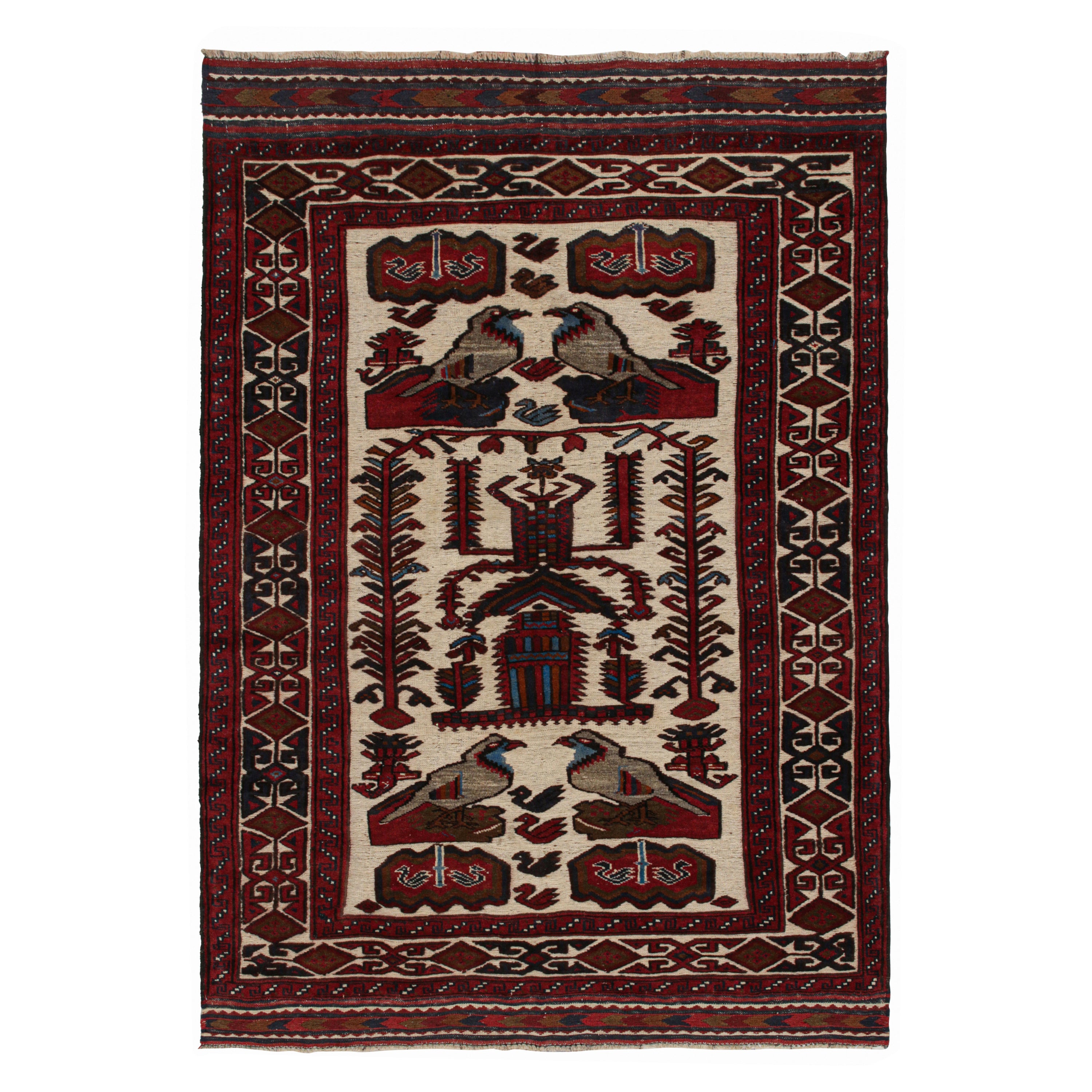 Rug & Kilim’s Persian Barjasta style rug in Beige & Red with Bird Pictorials  For Sale