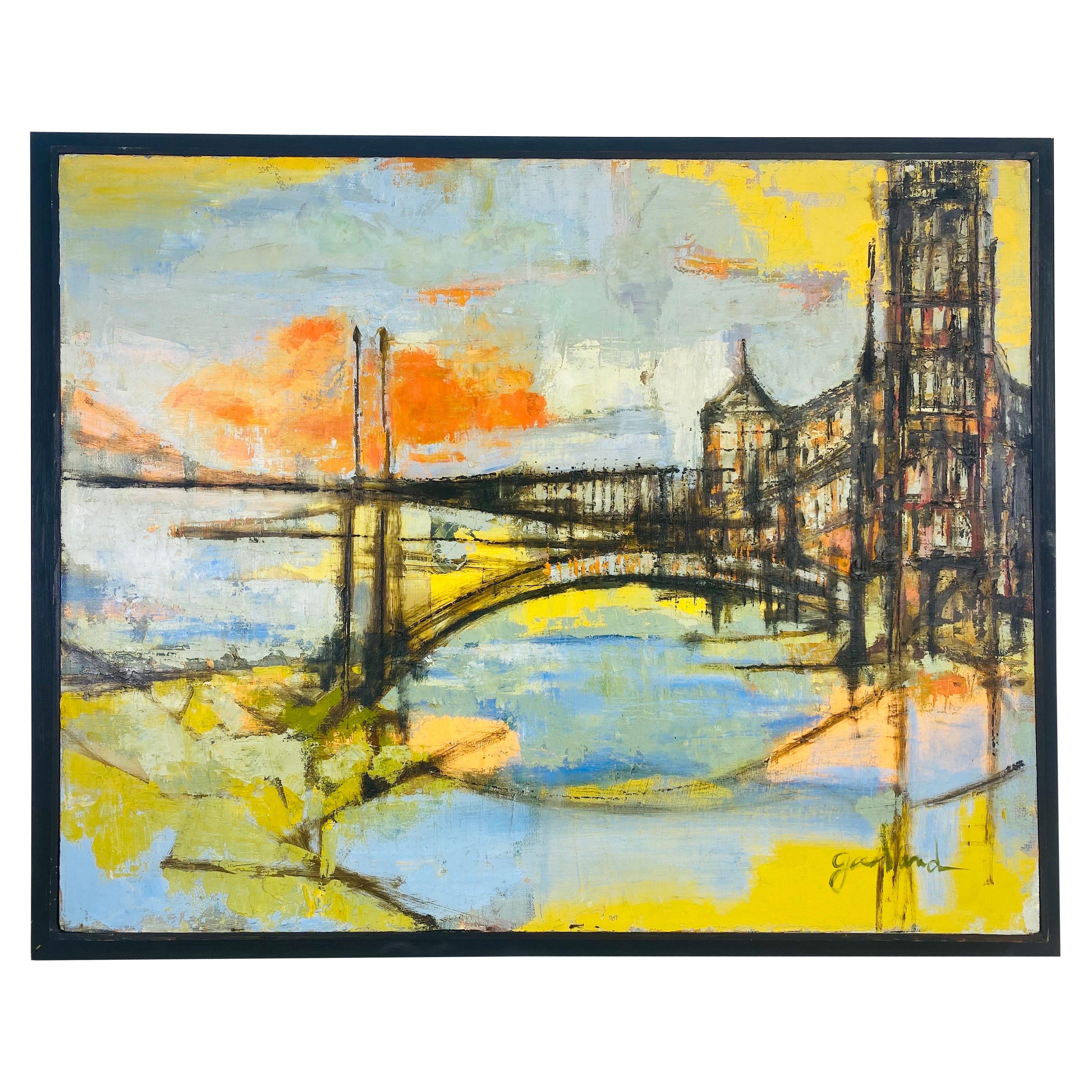 Mid century abstract impressionist cityscape oil on canvas signed garland For Sale