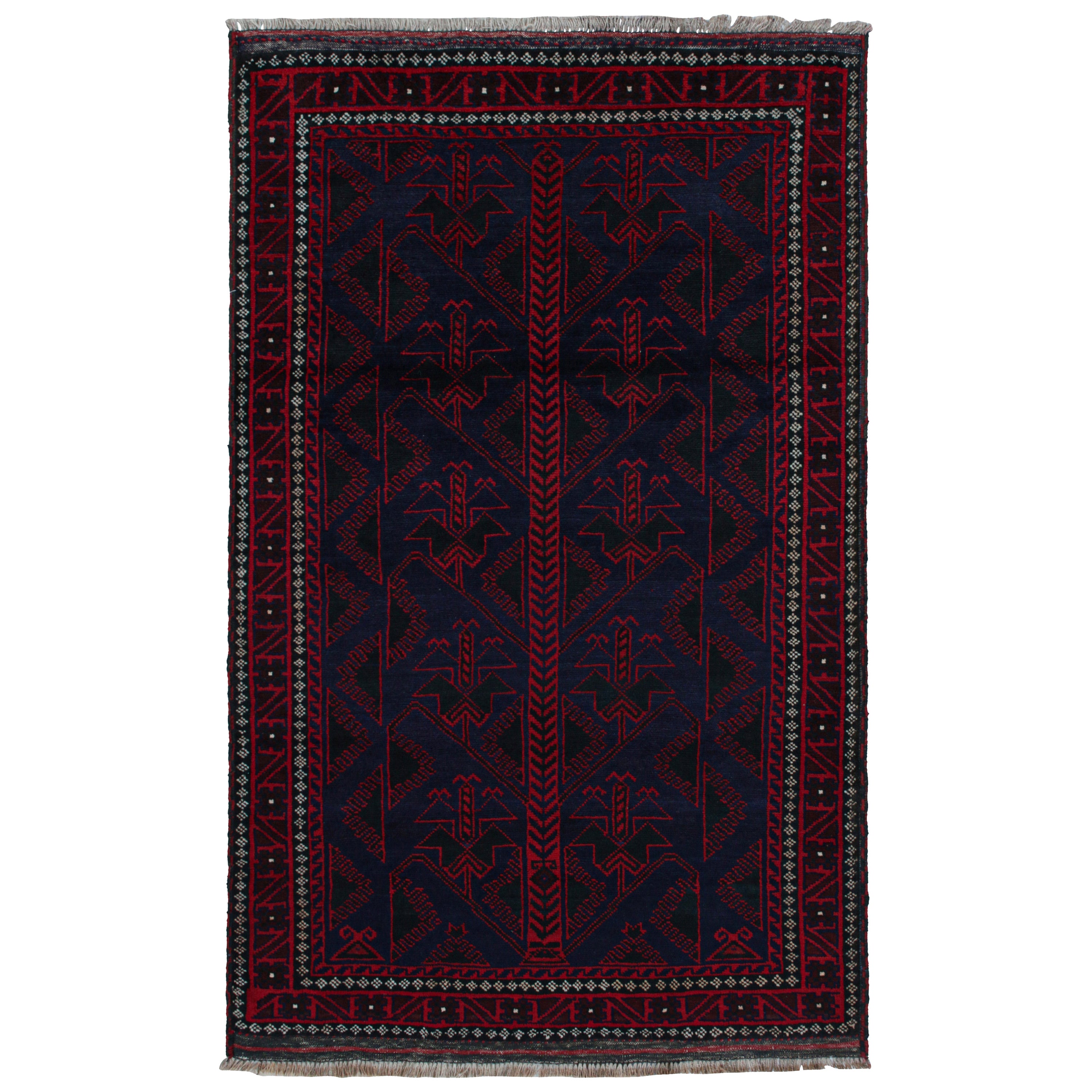 Tapis tribal vintage Baluch en bleu avec motifs géométriques rouges, de Rug & Kilim 