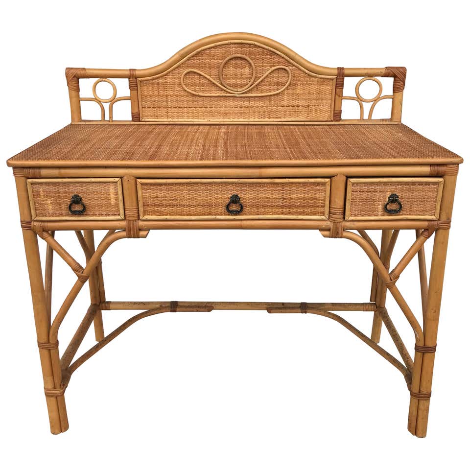 1950s Mid Century Rattan Grasscloth Streamline Wood Desk For Sale at ...