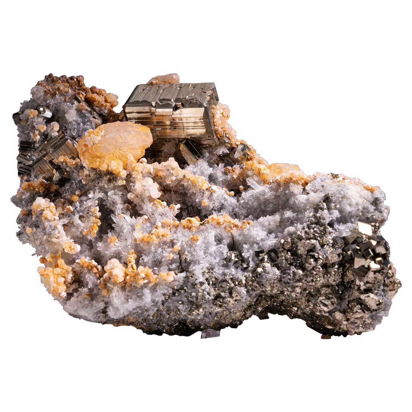 Calcite on Pyrite with Quartz from Huaron District, Cerro de Pasco Province Peru For Sale