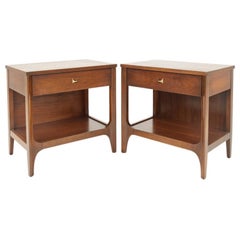 Used Pair Lightly Restored Broyhill Brasilia Walnut & Brass Nightstands or End Tables