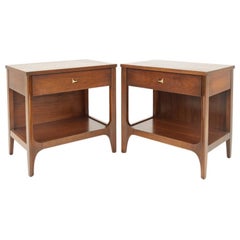 Pair Lightly Restored Broyhill Brasilia Walnut & Brass Nightstands or End Tables