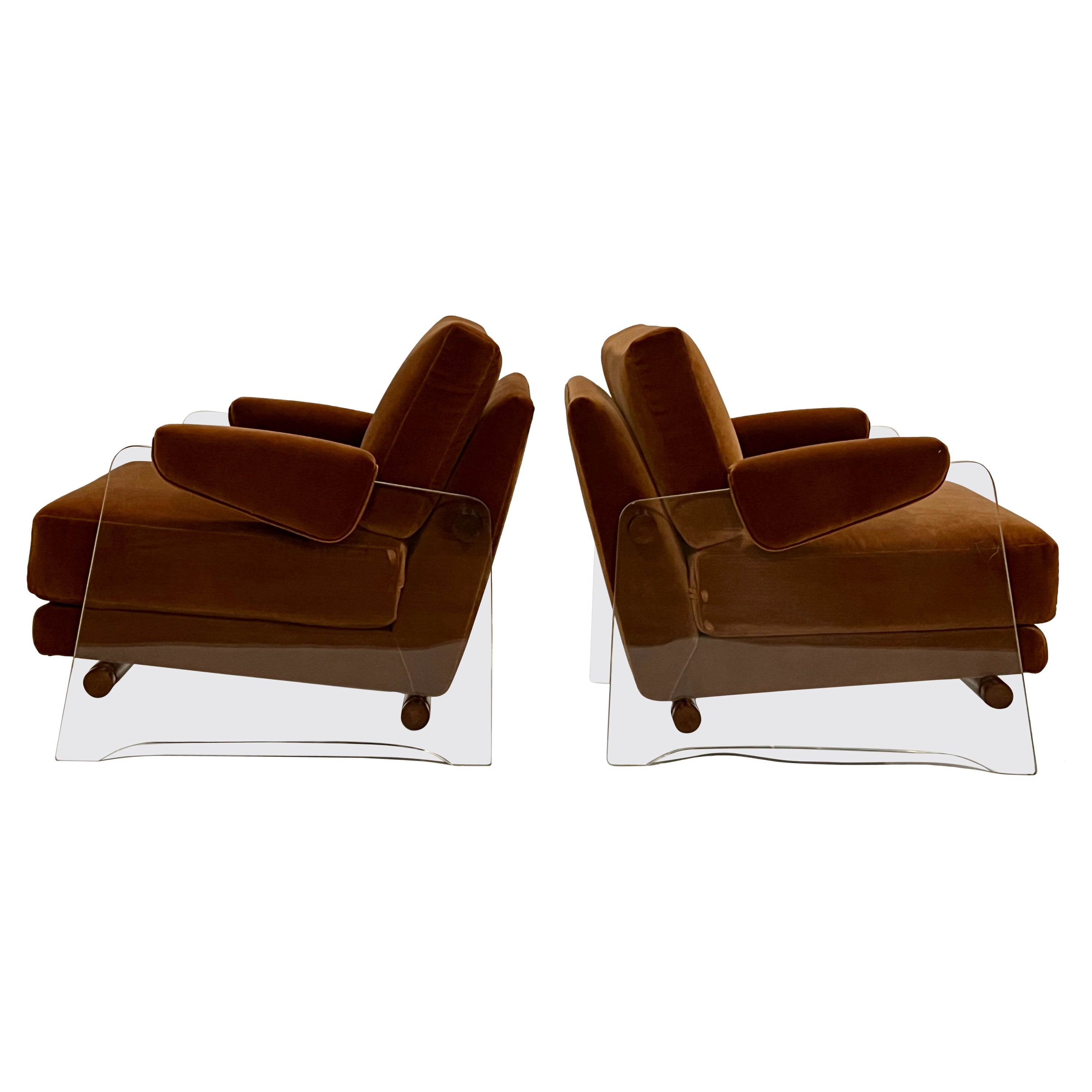 Pair of Lucite Lounge Chairs in Rust Mohair For Sale