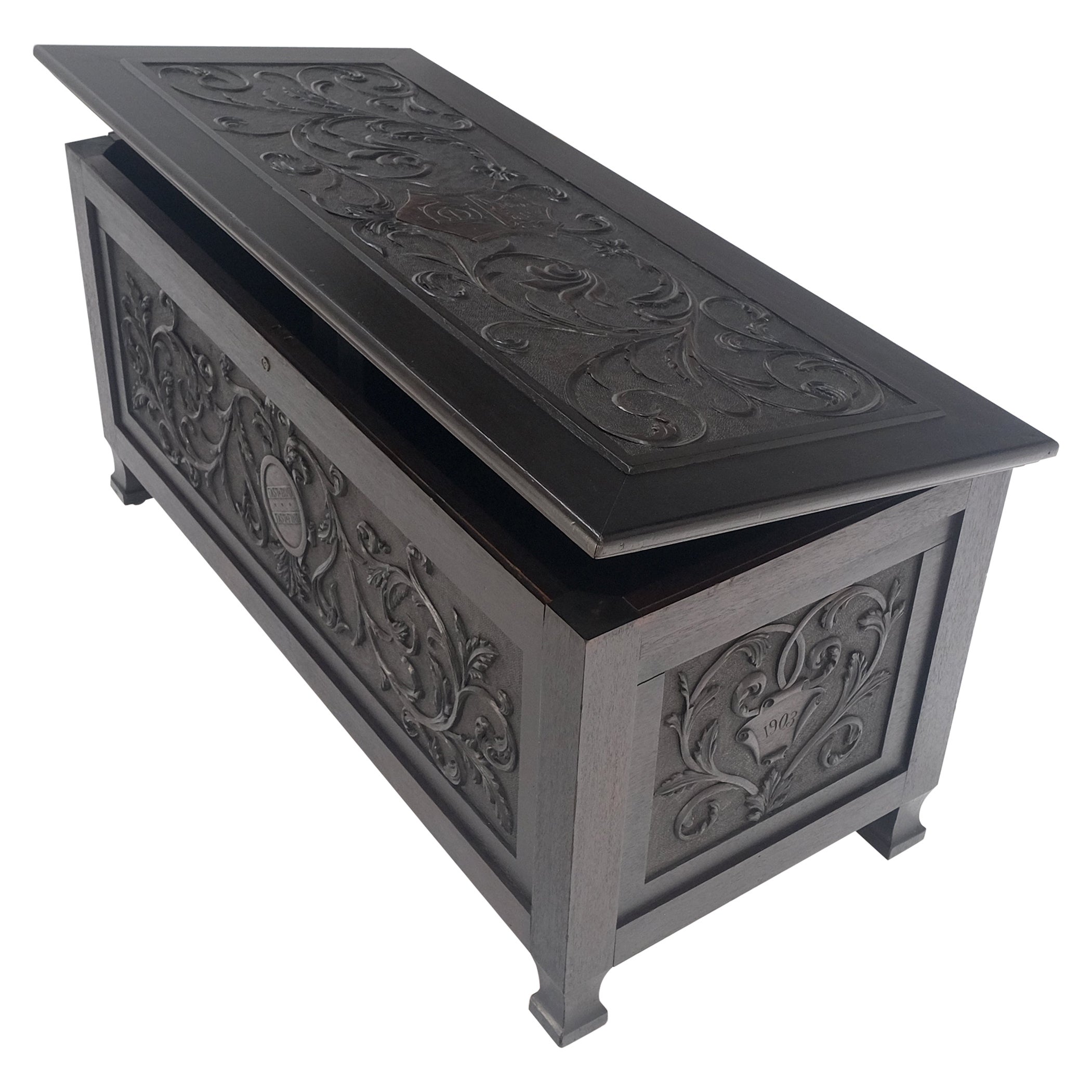 Very Fine Carved Ebonized Mahogany Trunk Hope Chest Dated 1903 Super Clean MINT! For Sale