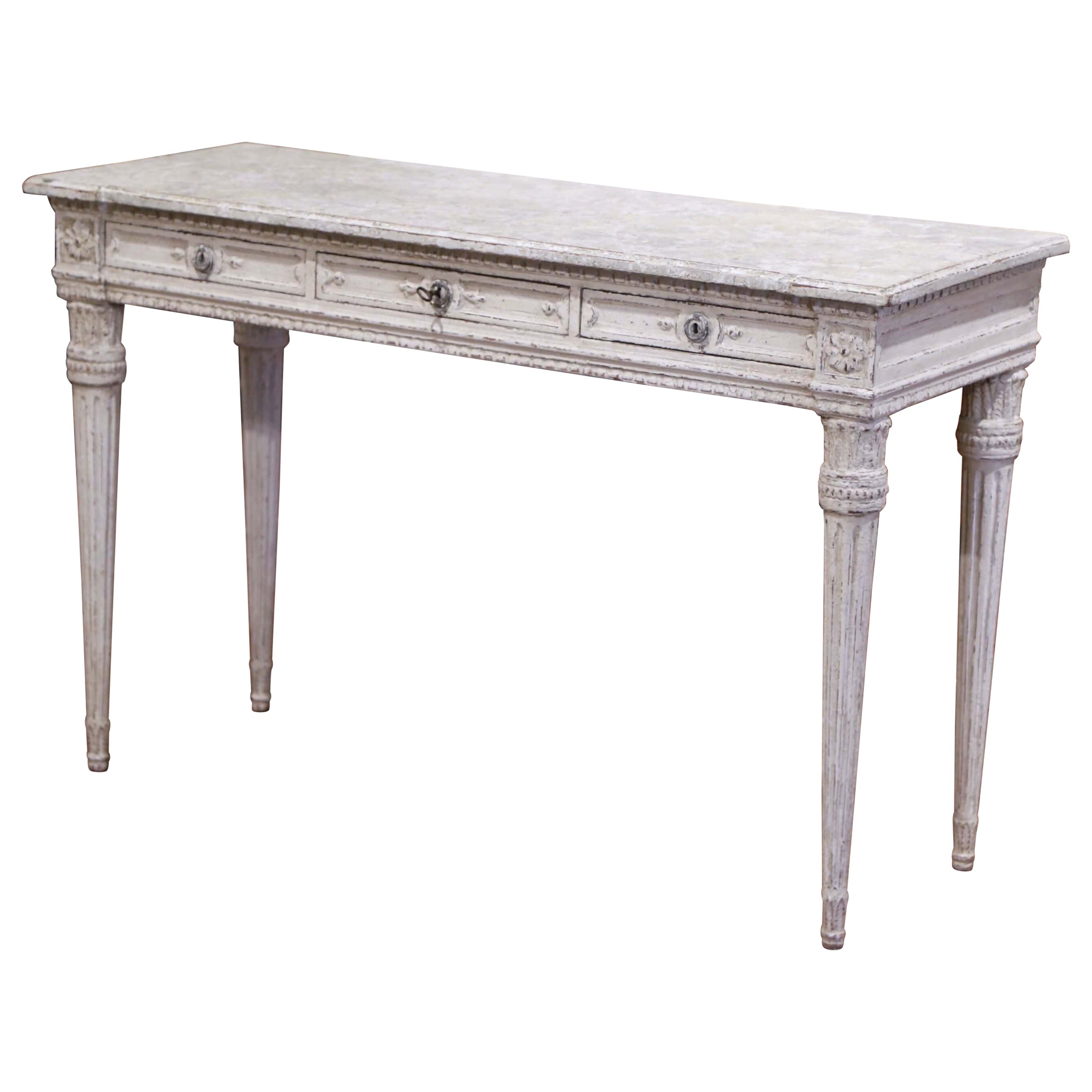 19th Century French Louis XVI Carved Painted Table Console with Faux Marble Top For Sale
