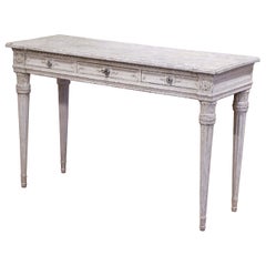 Antique 19th Century French Louis XVI Carved Painted Table Console with Faux Marble Top