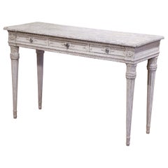 Console française du 19ème siècle de style Louis XVI sculptée et peinte avec plateau en faux marbre