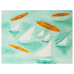Signed Eve Sonneman, 'Sailboats & UFO's'. Watercolor on Paper, circa 1985