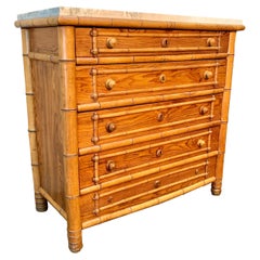 Early 20th Century French Pine Faux Bamboo Chest of Drawers with Marble Top