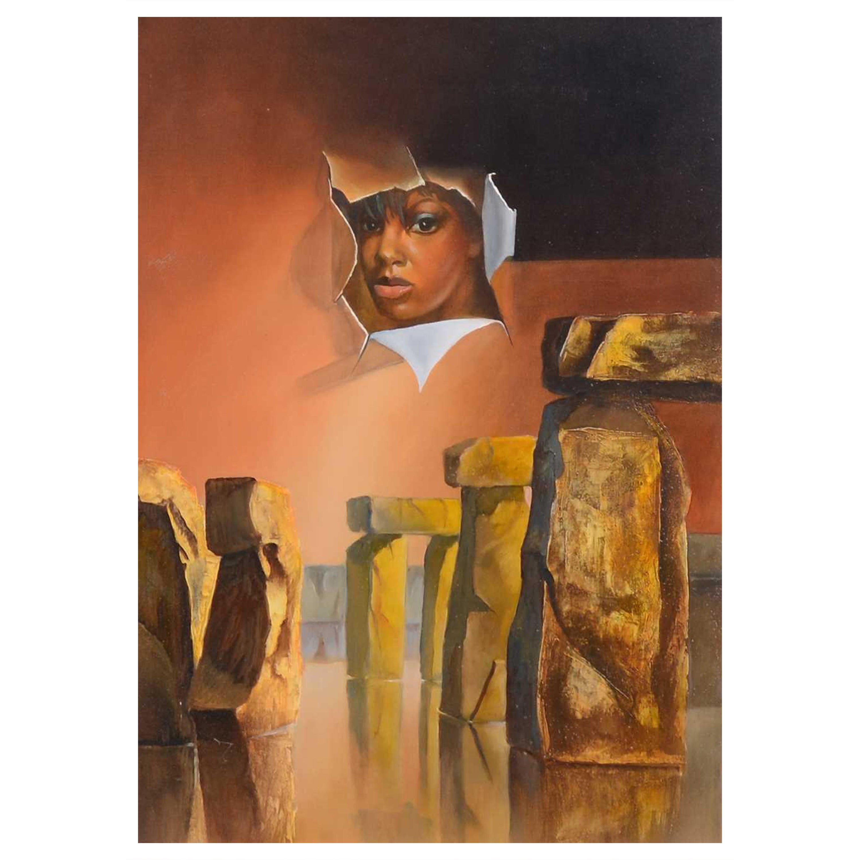 Surrealist Artwork Oil on Canvas by British Artist John Voss "Stone Columns" For Sale