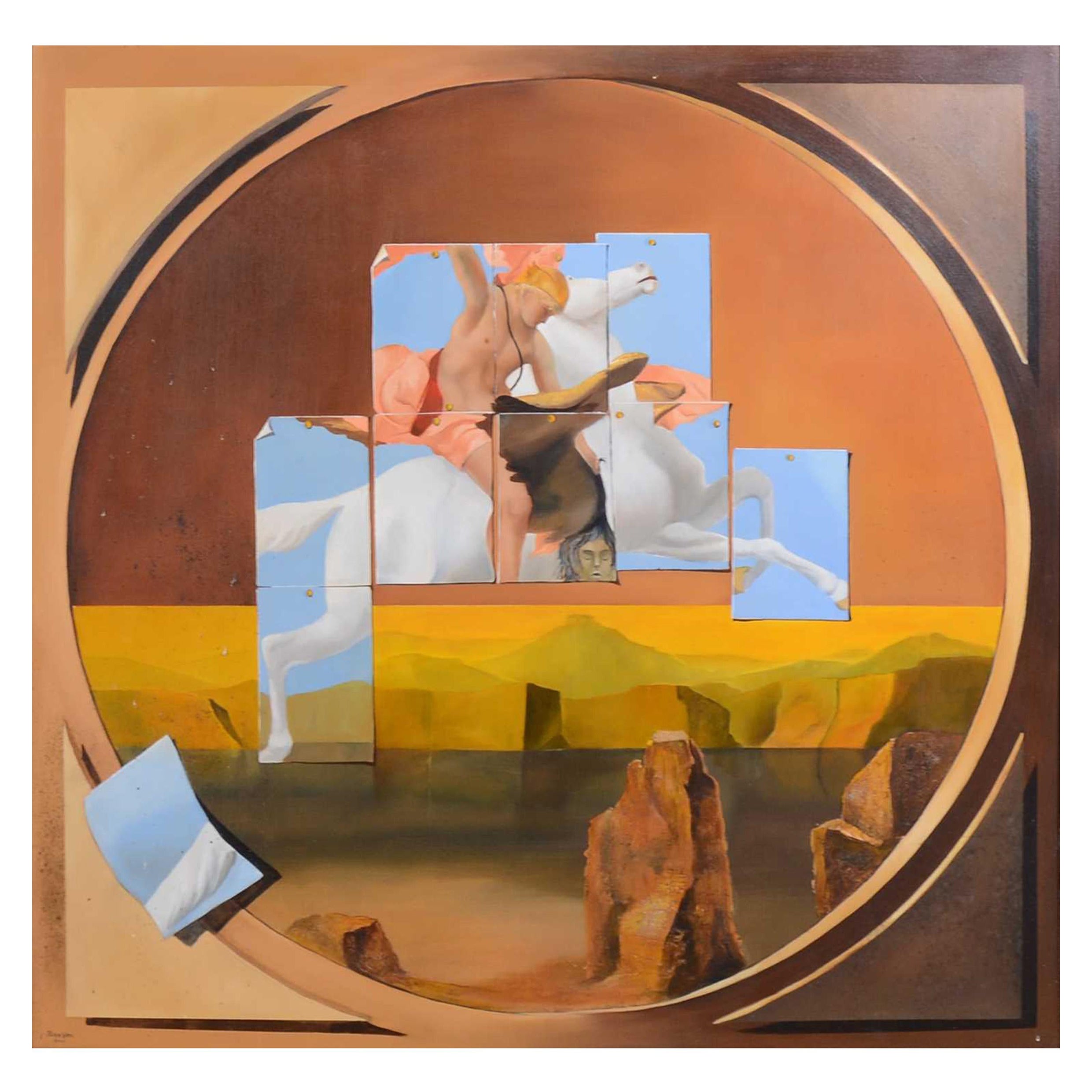 Œuvre d'art surréaliste à l'huile sur toile de l'artiste britannique John Voss incarnant le mythe en vente