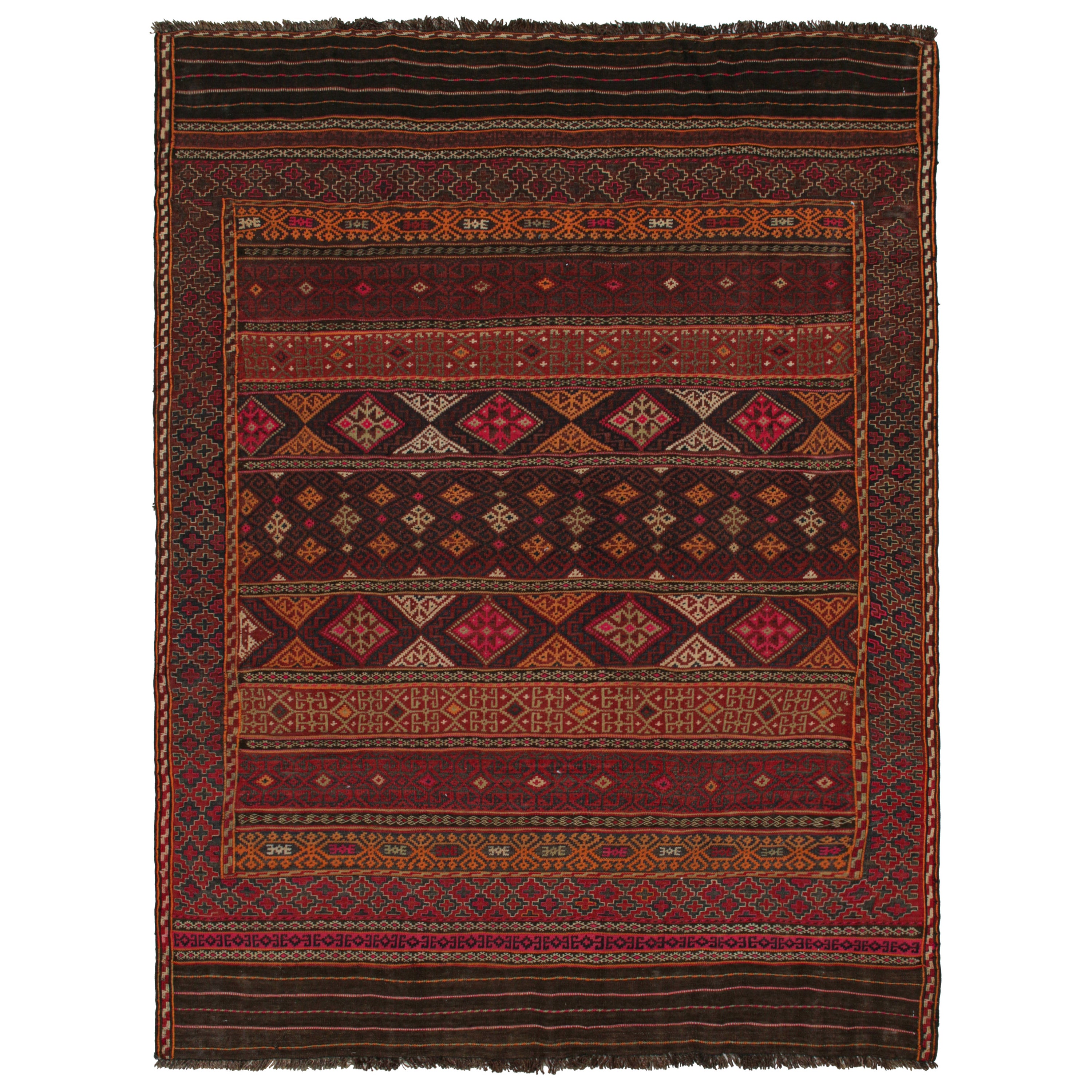 Vintage Baluch Tribal Kilim in Brown, Red & Orange Patterns by Rug & Kilim For Sale