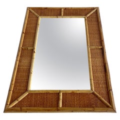 Rectangular Bamboo Frame and Wicker Veneer Wall Mirror, Spain 1970-1980's