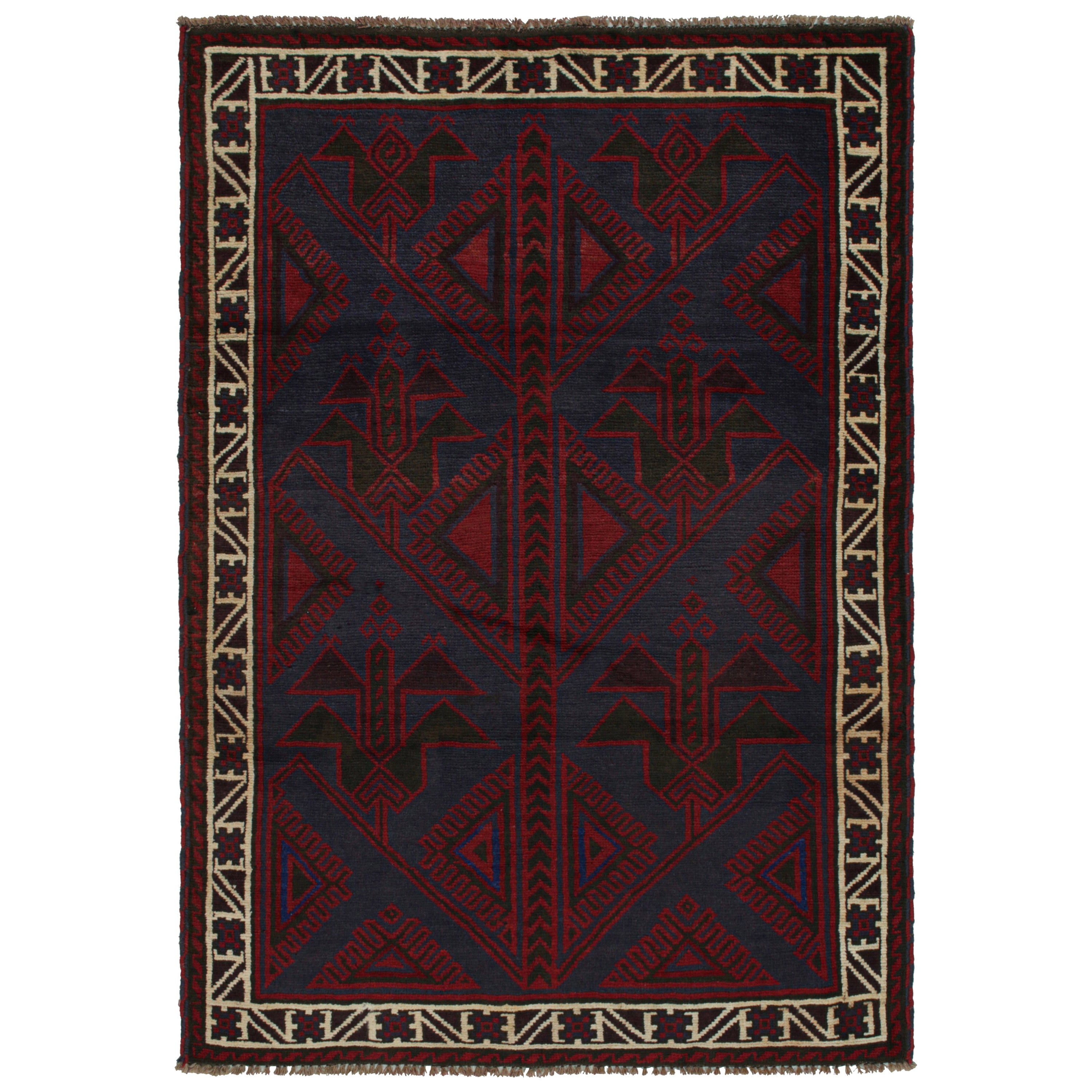 Vintage Baluch Stammes-Teppich in roten und blauen geometrischen Mustern, von Rug & Kilim
