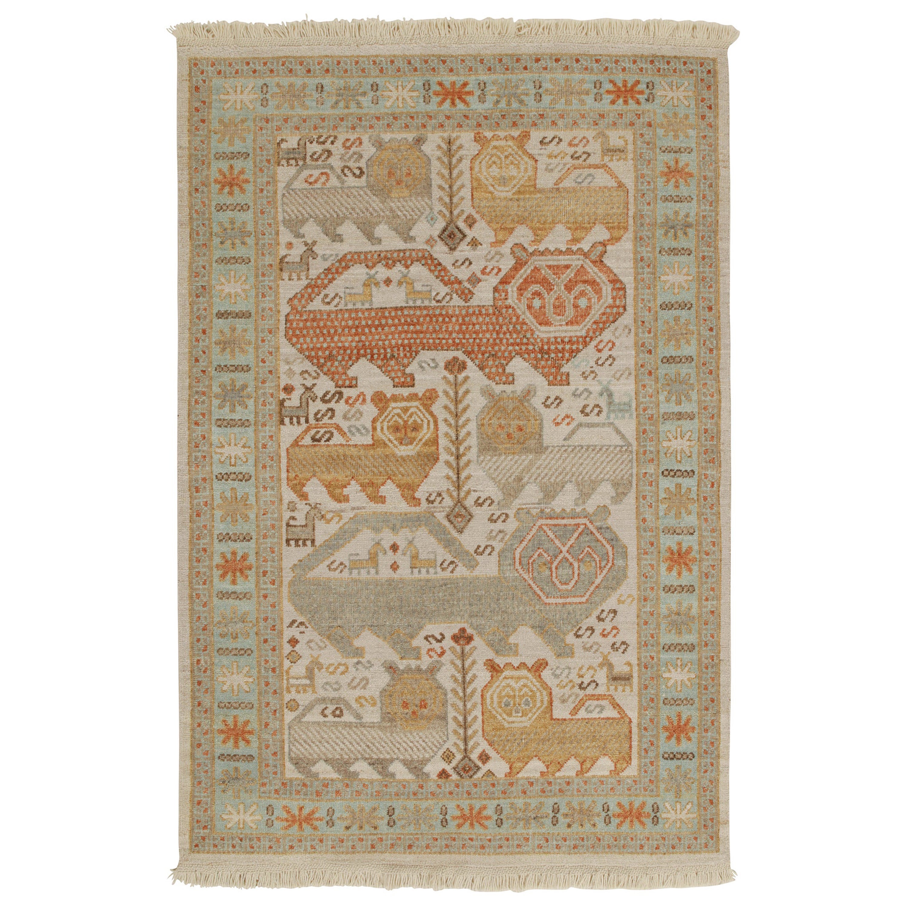Rug & Kilim’s Tribal Style Rug in Beige-Brown, Blue and Red Pictorials For Sale