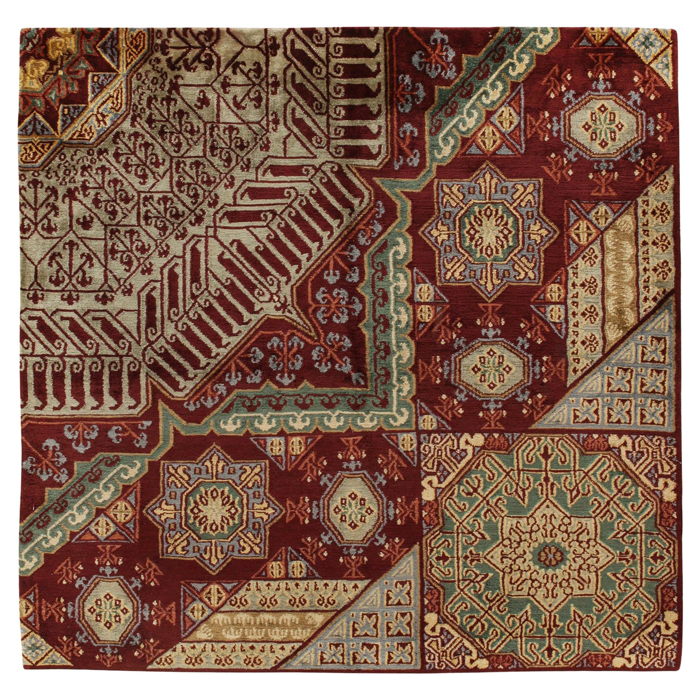 Rug & Kilim’s Mogul Style Rug in Red and Green Geometric Patterns For Sale