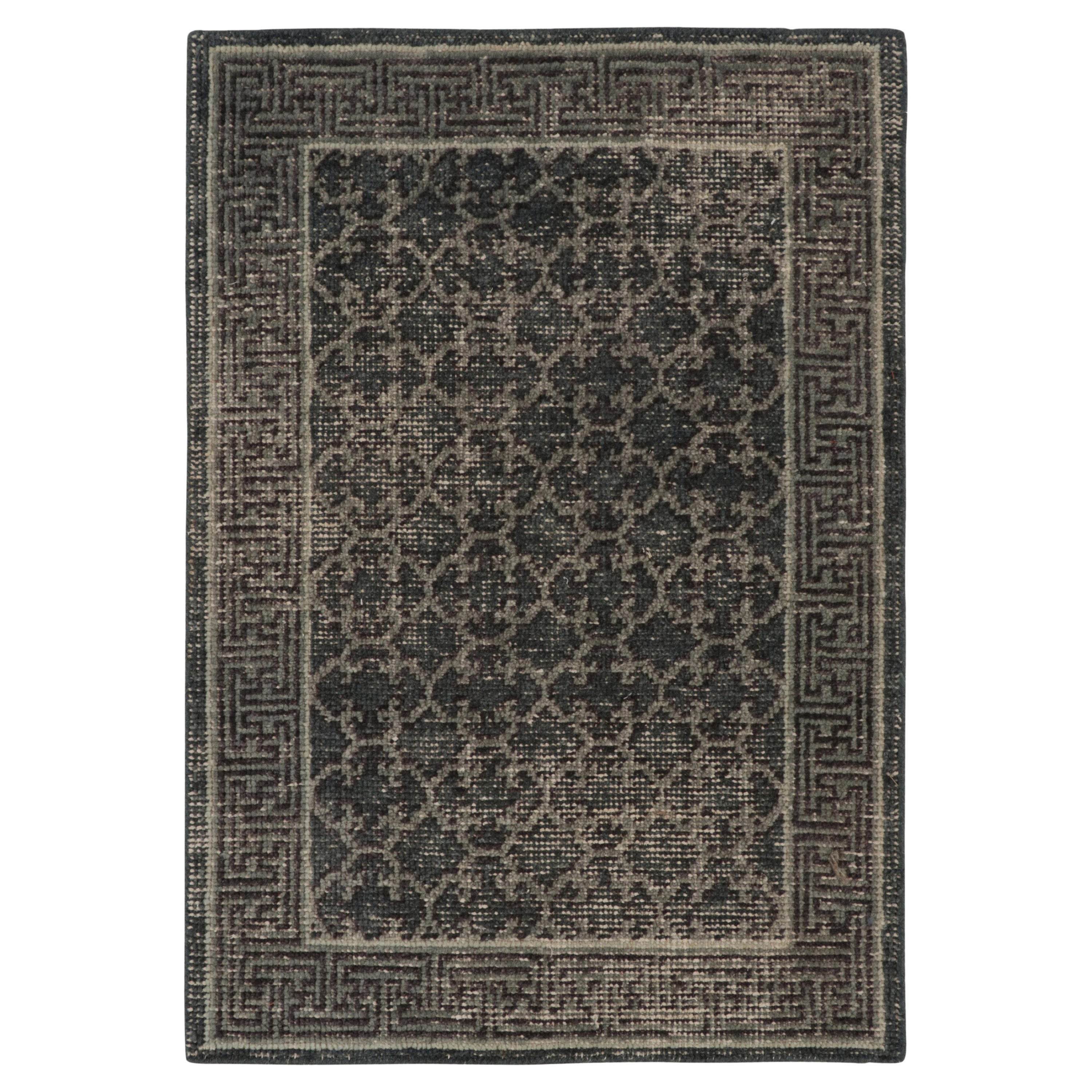 Rug & Kilim’s Distressed Khotan Style Rug in Blue & Gray Trellis Pattern For Sale