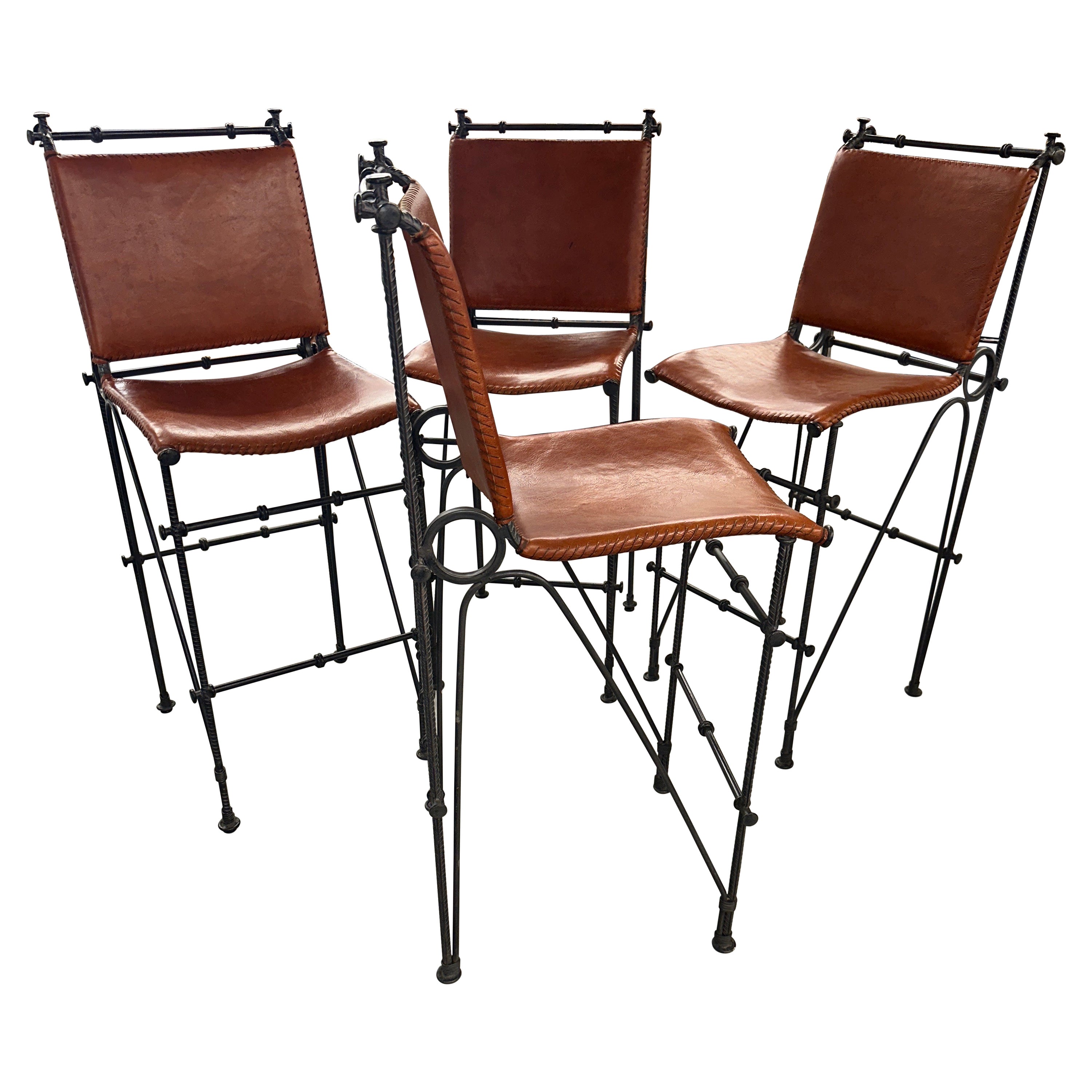 4 Ilana Goor Iron and Leather Barstools For Sale