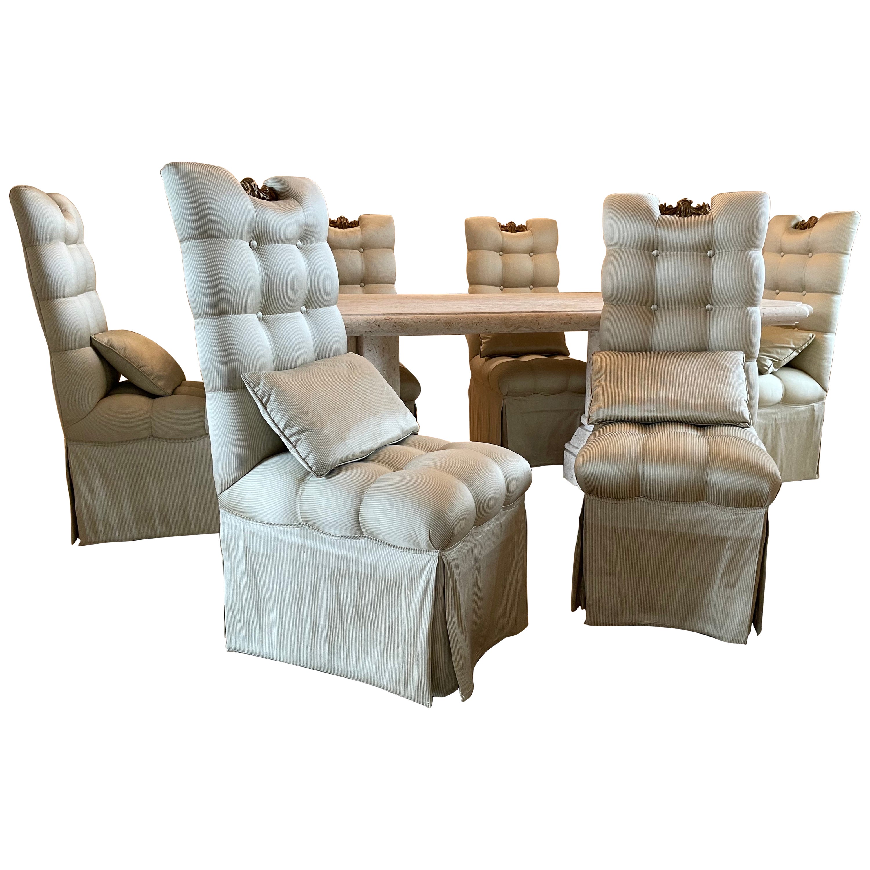 Set of Six Contemporary Tufted Silk Upholstered & Carved Gilt Wood Dining Chairs For Sale