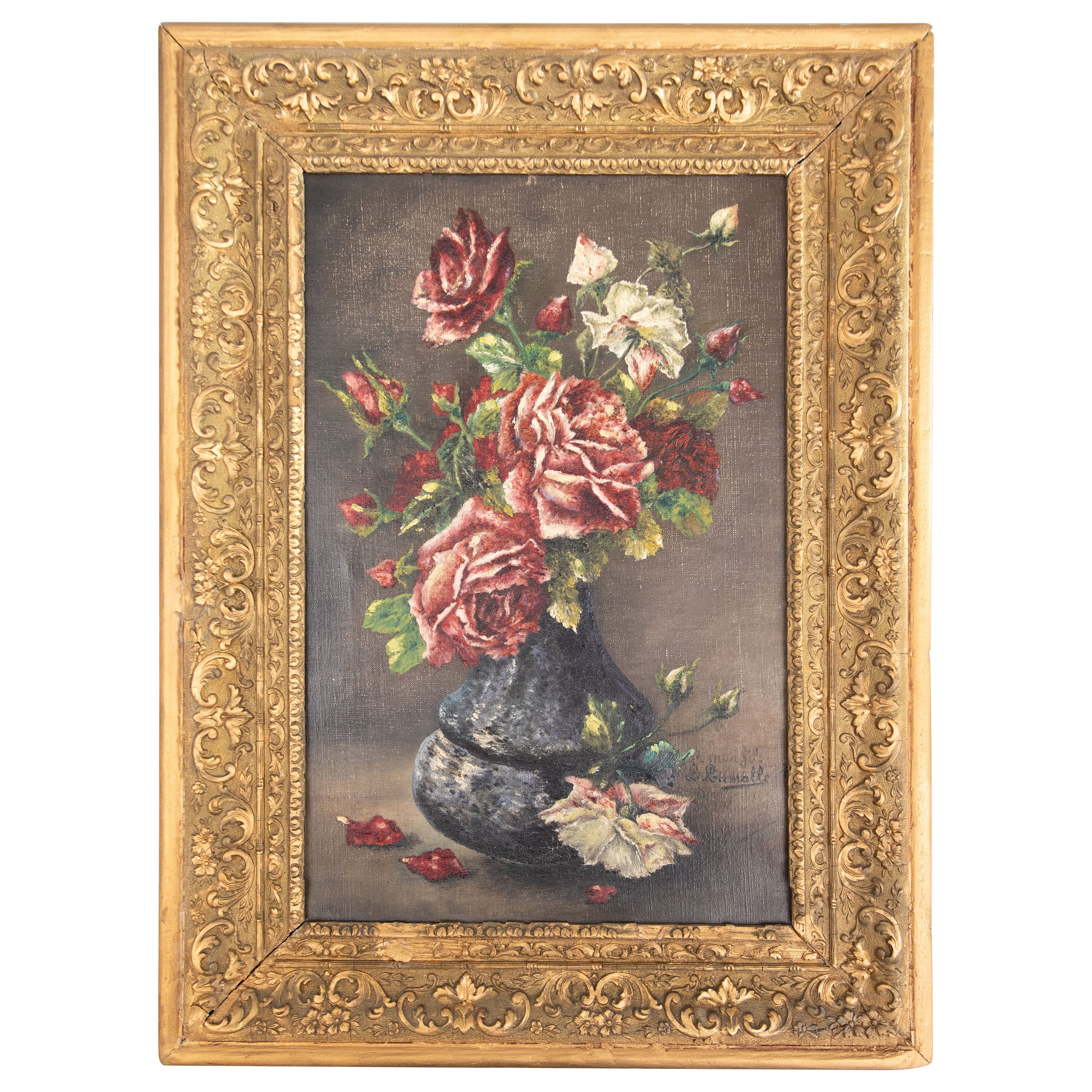 19th Century French Floral Still Life Painting of Roses, Oil on Canvas, Signed