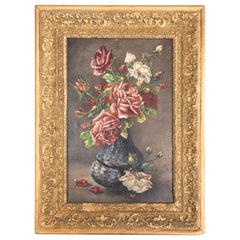 19th Century French Floral Still Life Painting of Roses, Oil on Canvas, Signed