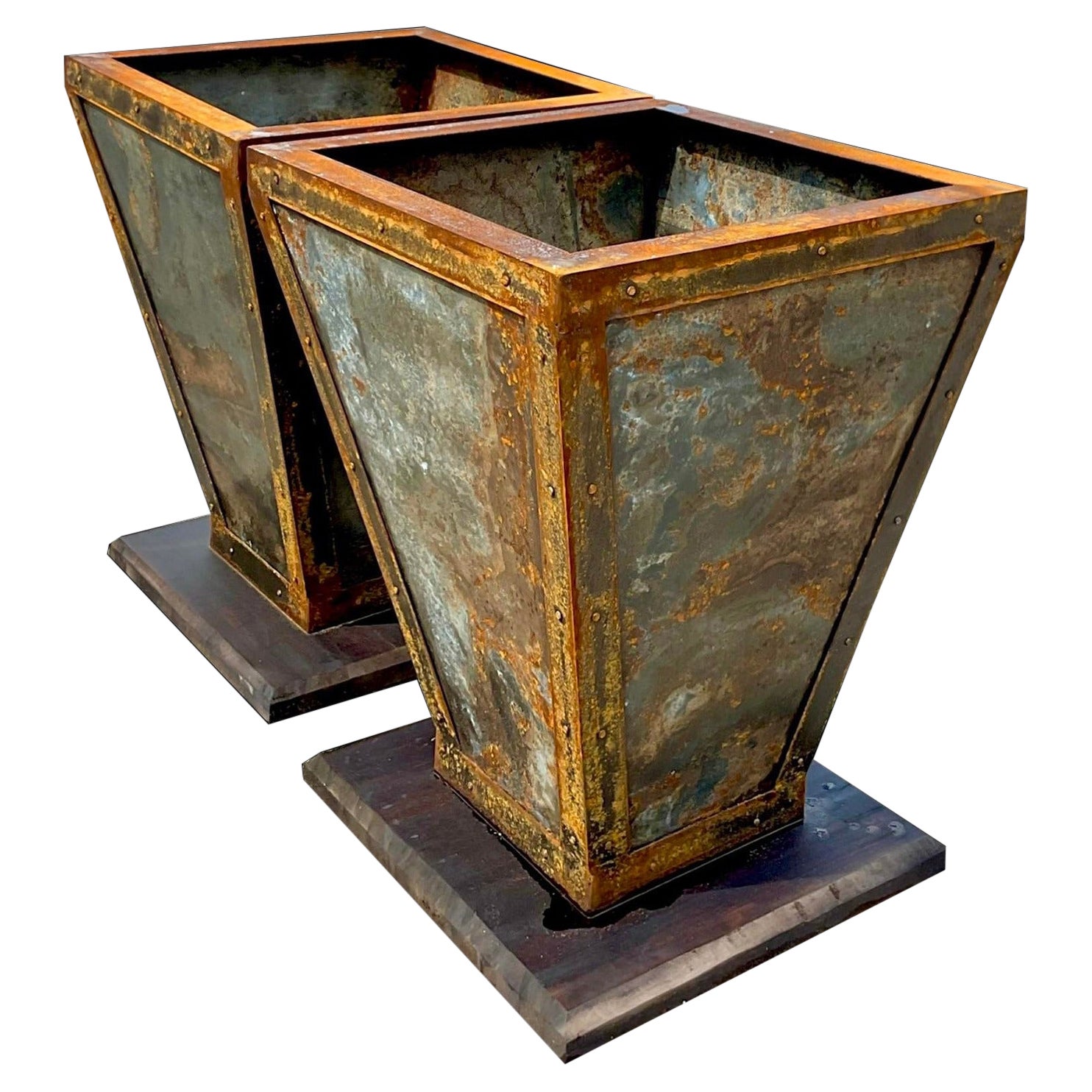 Vintage Boho Patinated Planters on Wooden Plinths - a Pair