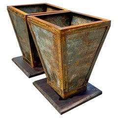 Retro Boho Patinated Planters on Wooden Plinths - a Pair