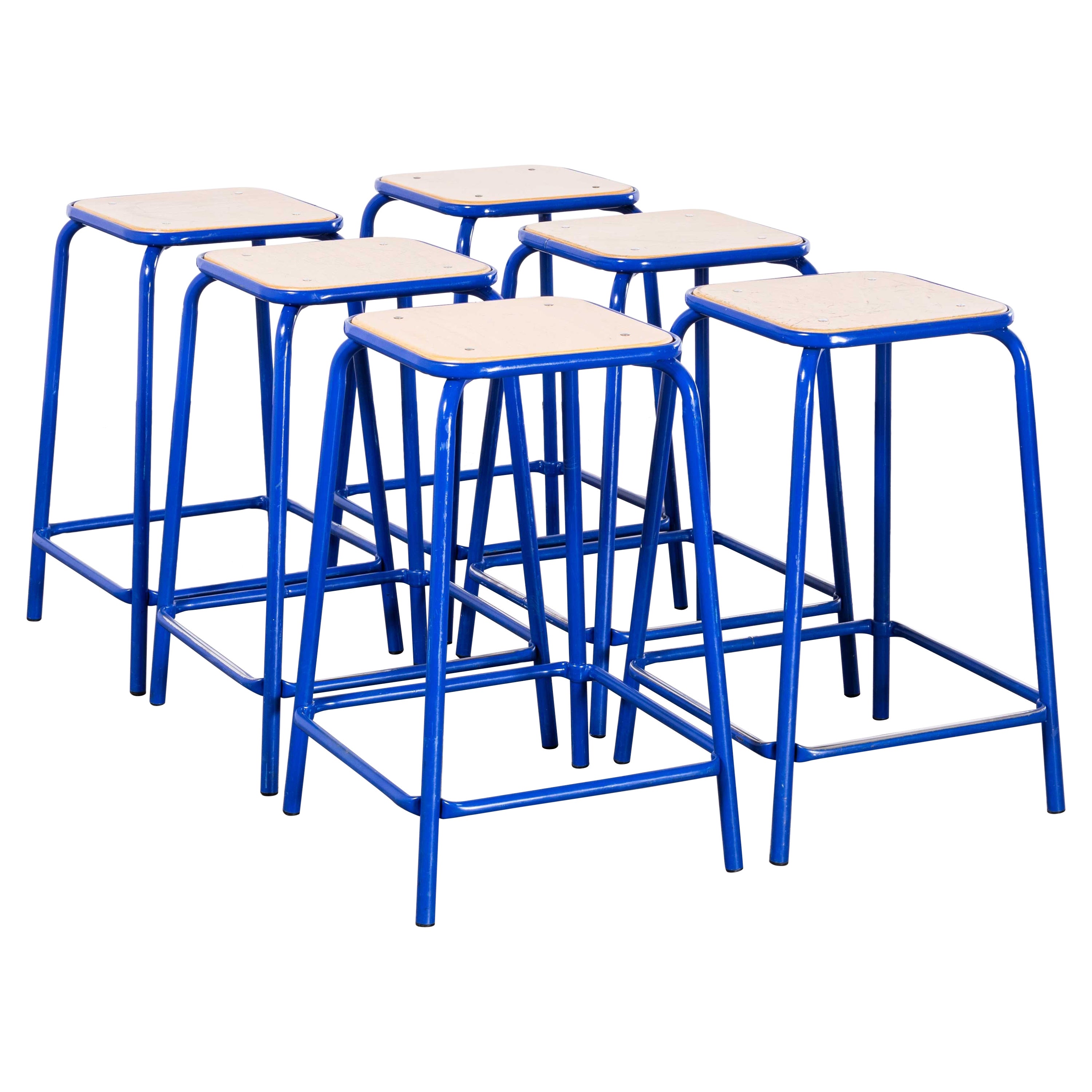 1970's French Bright Blue Laboratory Stools - Set Of Six For Sale