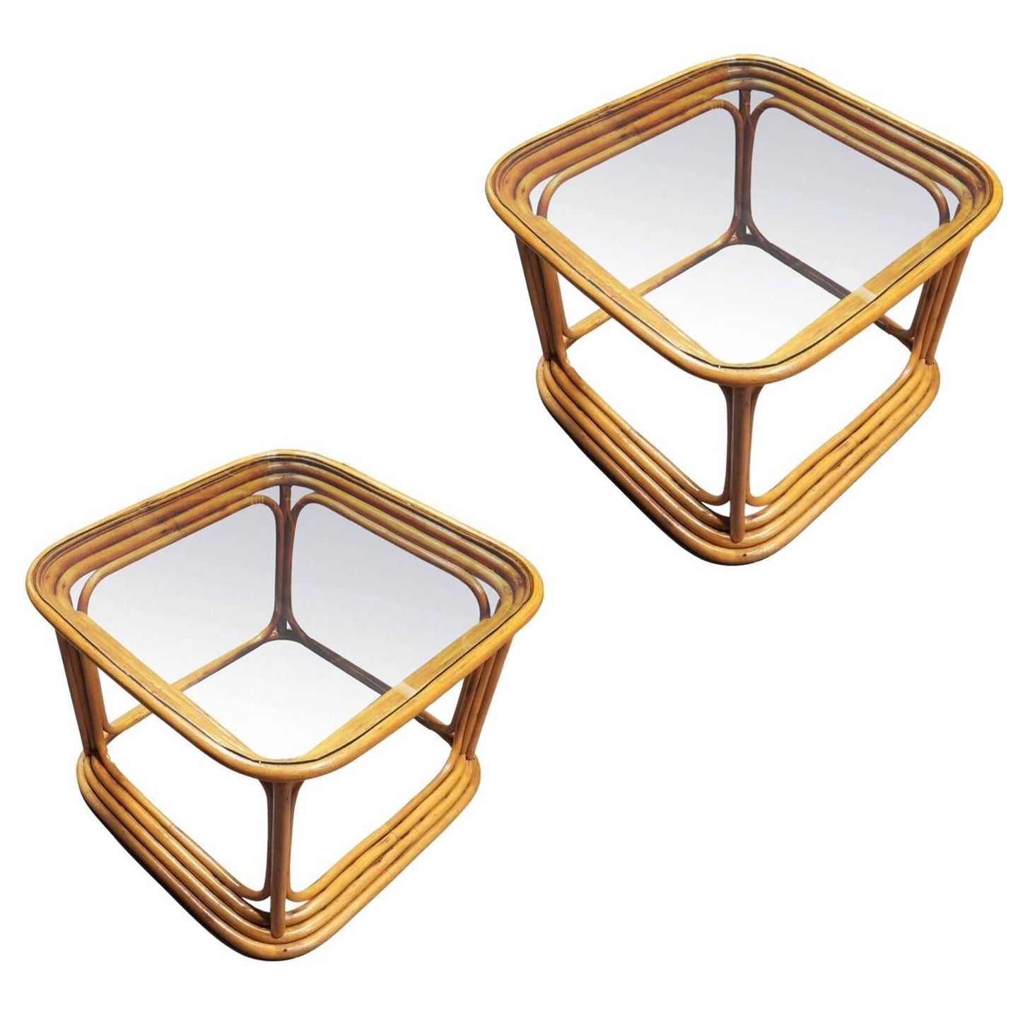 Restored Pair of 4-Strand Rattan Cubist Legs Coffee Table with Glass Tops