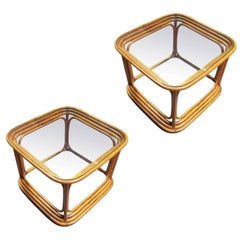 Retro Restored Pair of 4-Strand Rattan Cubist Legs Coffee Table with Glass Tops