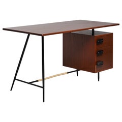 Vintage Italian Desk - 1950s Design with Dark Stained Teak and Brass Details