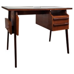 1960s Italian Art Deco Mid-Century Walnut Glass Top Desk Writing Table