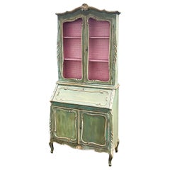 Vintage Mid-Century Italian Pink / Green Painted French Style Secretary Desk 