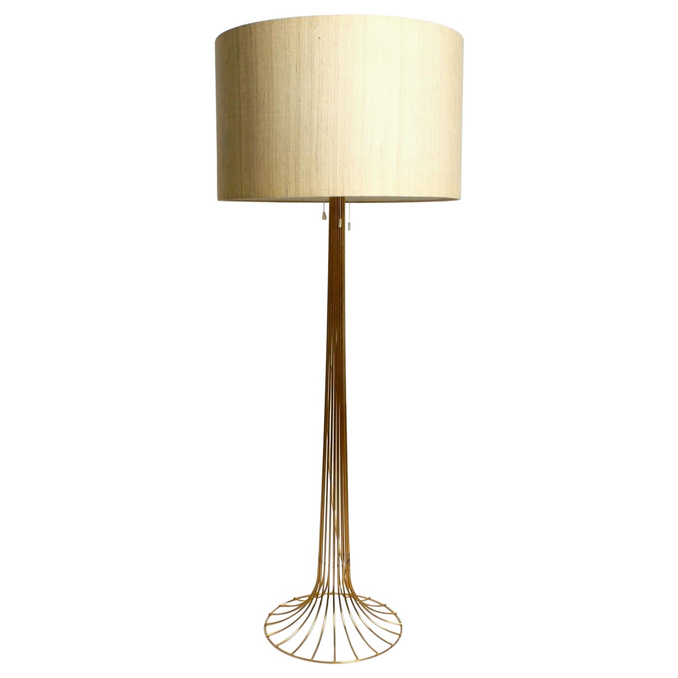Original 1960s large metal wire floor lamp with wild silk shade anodized in gold For Sale