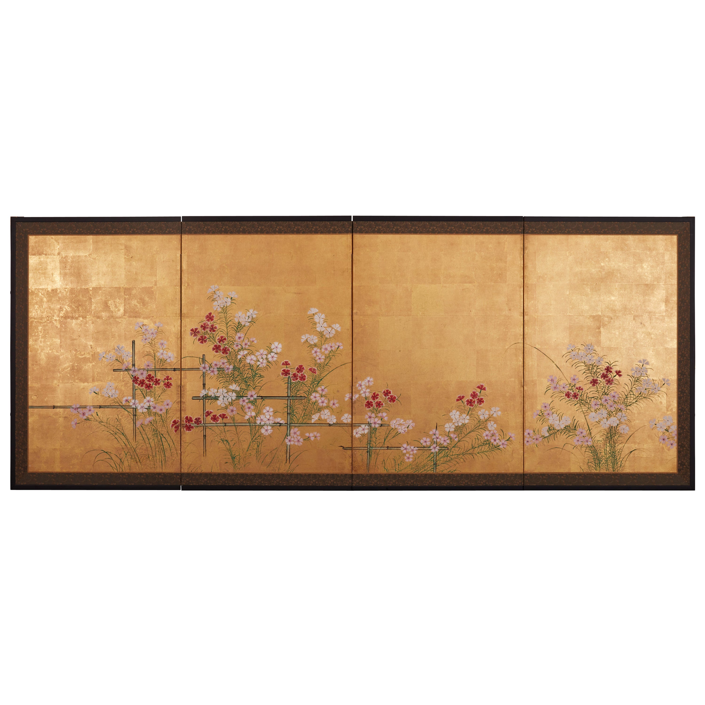 Japanese Four Panel Screen: Nadeshiko on Bamboo Trellis on Gold Leaf For Sale
