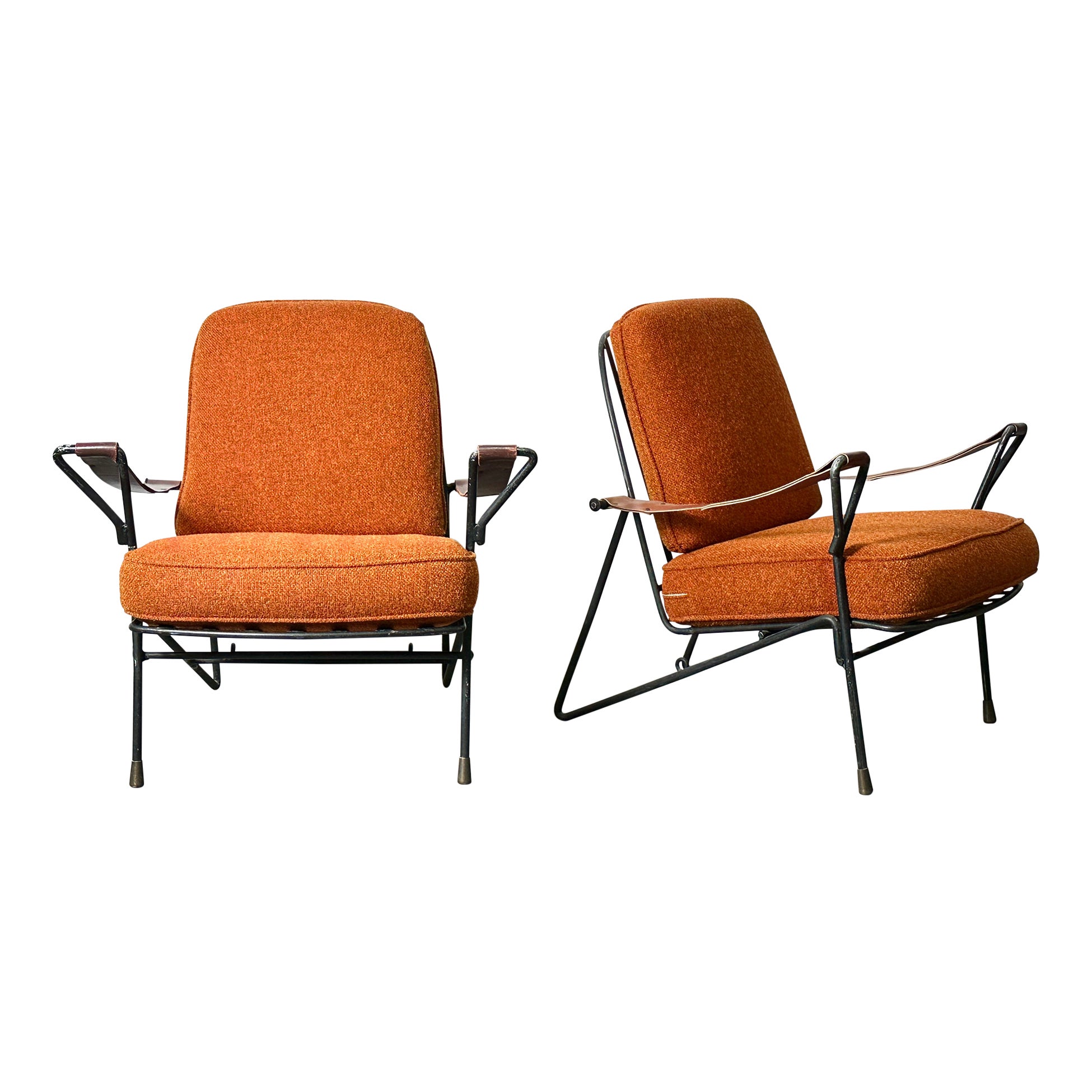 A Pair of Vintage Mid Century Mexican Modern Iron Leather Lounge Chairs 1950s For Sale